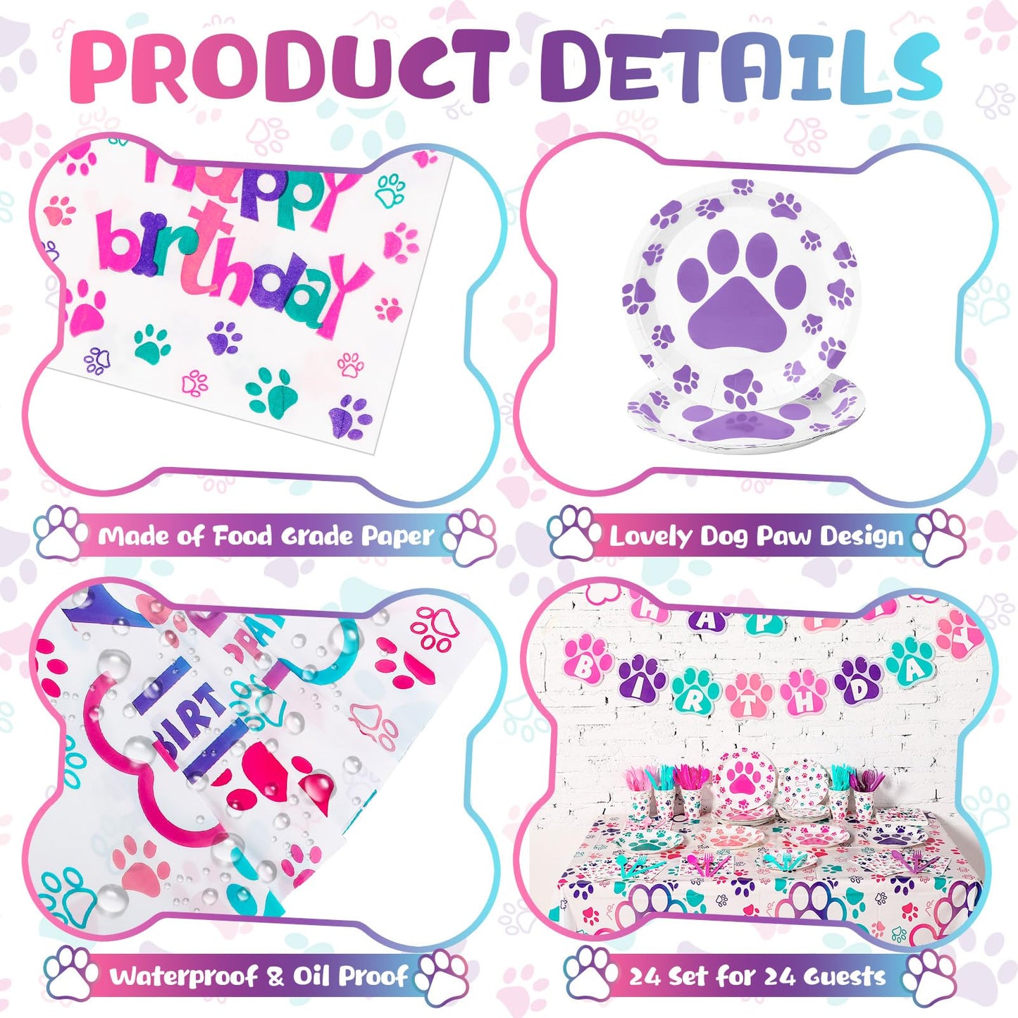 Gejoy 171 Pcs Dog Birthday Party Supplies Dog Party Decorations Dog Paw Plates Banner Tablecloths Napkins Cups Knives Forks Spoo