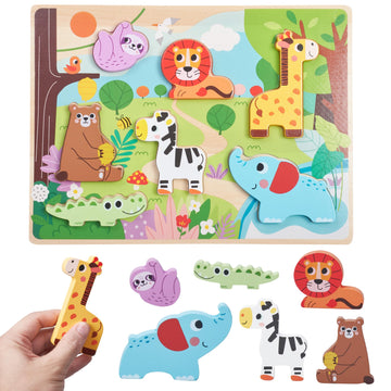 Prextex Baby Chunky Wooden Puzzles For Toddlers - Educational Zoo Animal Puzzle Set - Develops Hand-Eye Coordination And Fine Motor Skills - Ideal For Ages 18 Months And Up - 11.5 X 8.6 Inches