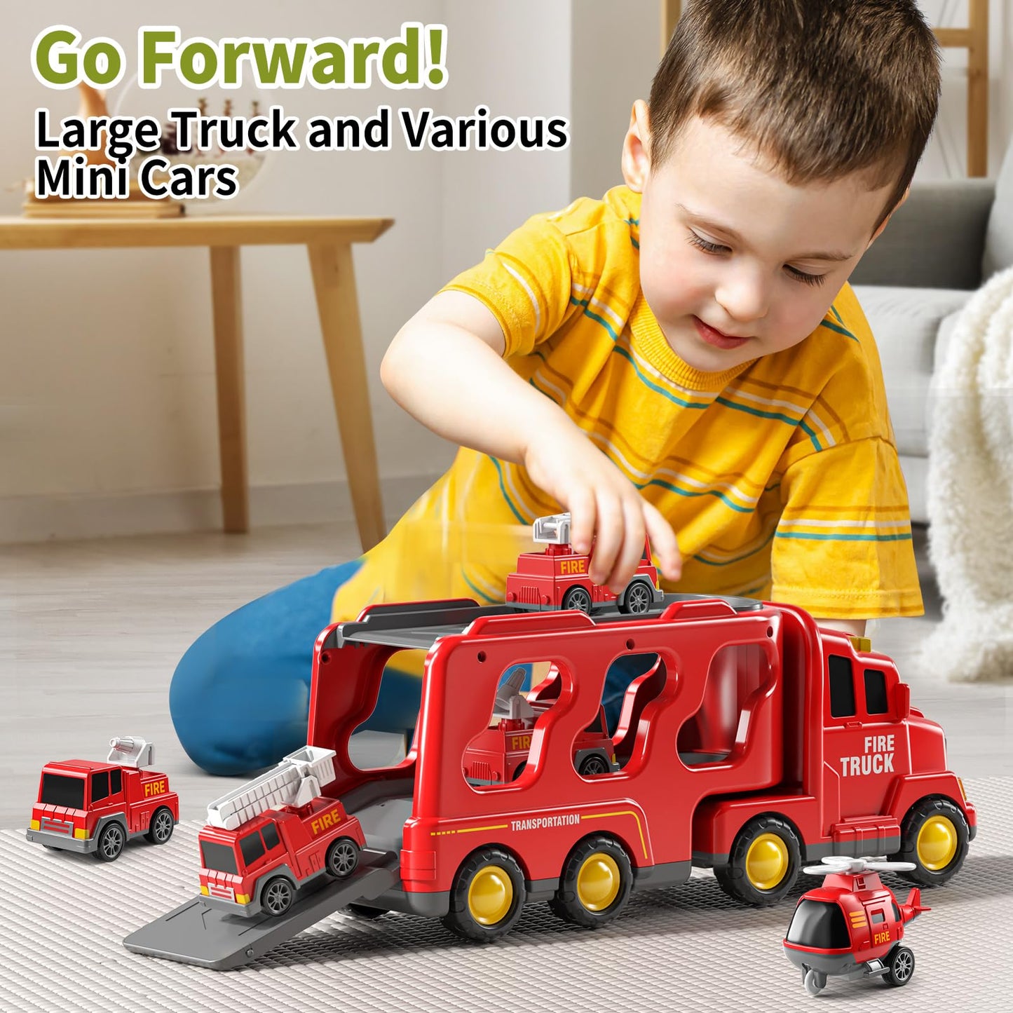 JUKUDAHU Truck Toys for 3 4 5 6 Years Old Boys, Toddler Car Toys for Toddler Boys Ages 3-5, Fire Toys Car Carrier Vehicle Toy Se