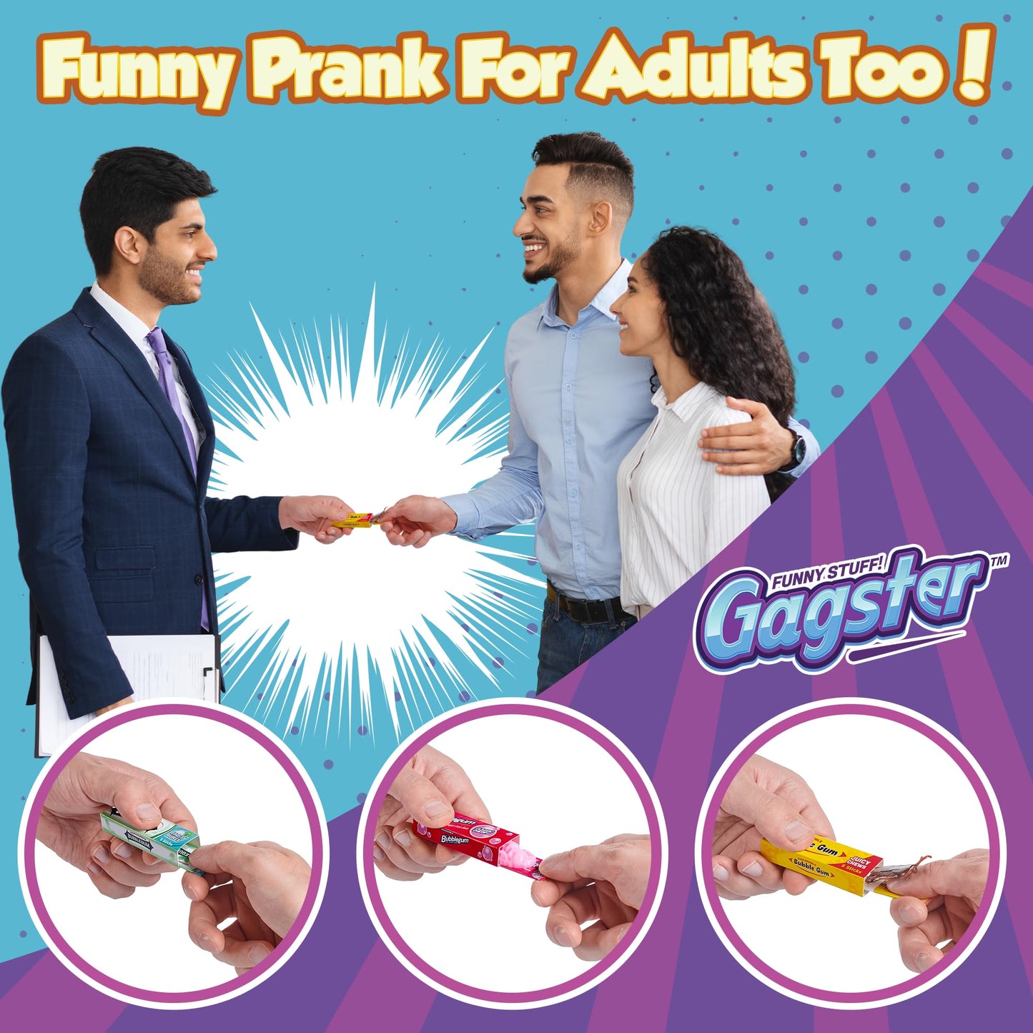 Gagster Prank Chewing Gum 3-In-1 Prank Toys Set - Shocking, Water Squirt And Cockroach Snapping Gum Packs, Prank & Shock Your Friends & Co-Workers. Perfect As Gag Gifts Or Practical Joke Gifts
