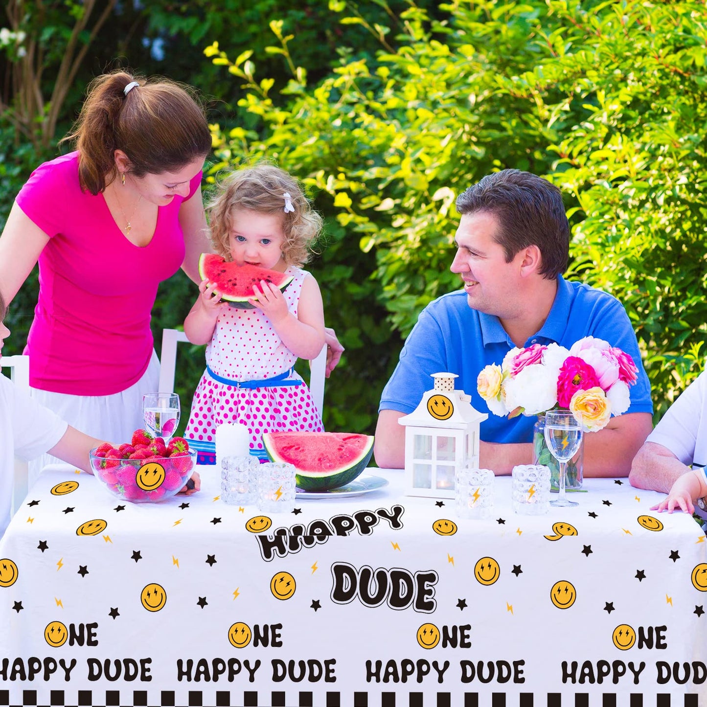Newwiee 6 Pcs One Happy Dude Birthday Party Tablecloths 51 x 108 Inch One Happy Dude Table Cover Smile Face Plastic Table Cloths