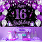 Purple 16Th Birthday Decoration Banner For Girls Large Black Purple Silver Happy 16Th Birthday Banner Purple And Black 16Th Background For 16Th Birthday Anniversary Party Supplies