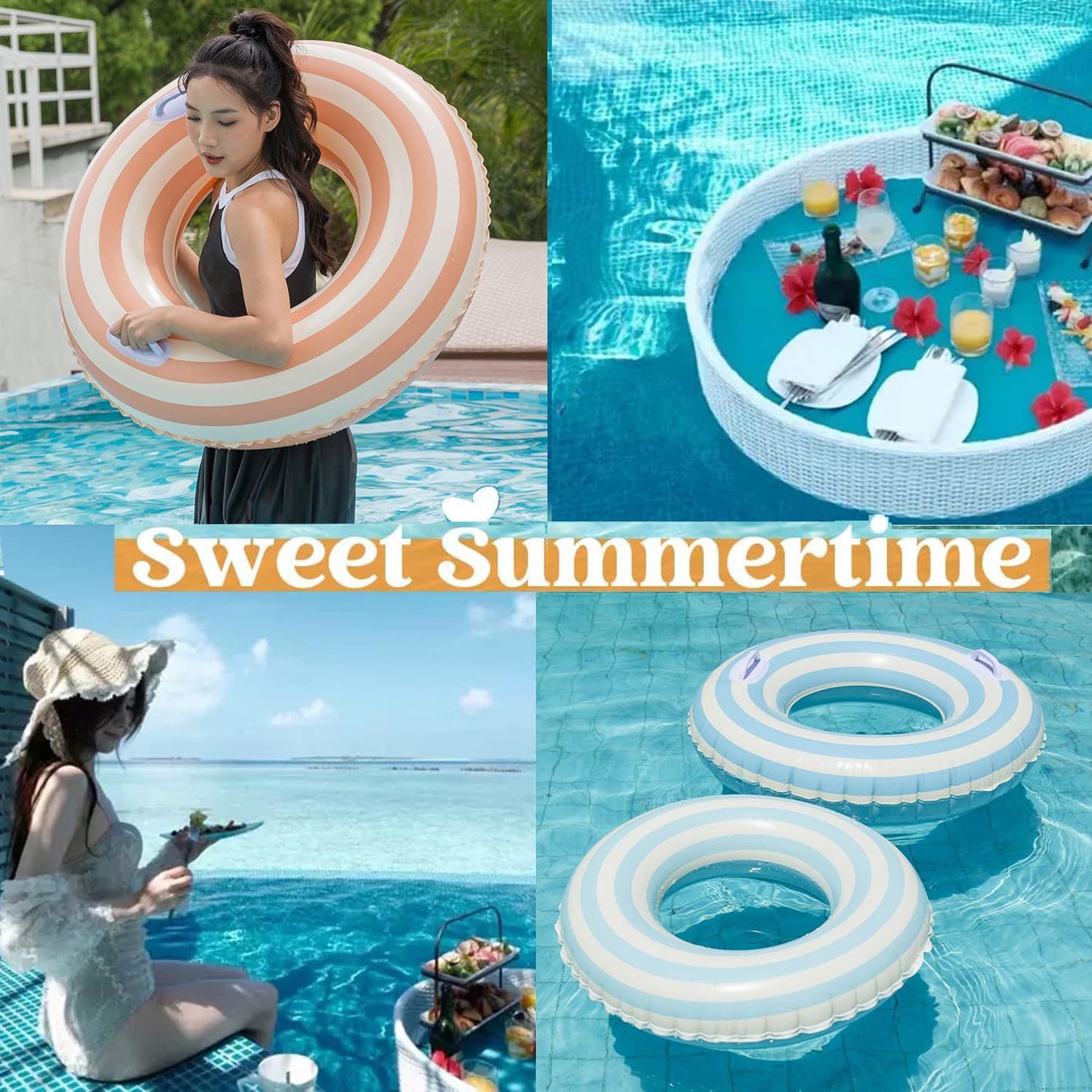 2PCS Pool Floats for mature-themed Striped Swim Ring Pool Floaties Inflatable Swimming Pool Raft Party Water Large Summer Beach Lounger Float Party Supplies (120#Multi Lollipop  2)
