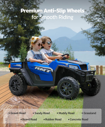 Elemara 24V 10Ah Multifunctional Ride On Car With Dump Bed, Shovel, And Sun Shade, Large Electric Car 2 Seater, Side By Side Bat