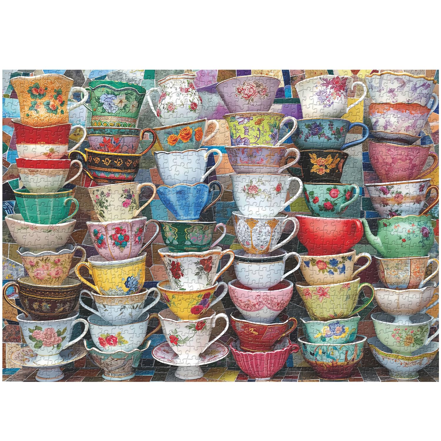 Teacups Puzzle for Adults 1000 Pieces, Colorful Tea Time Jigsaw Puzzles Features Classical Coffee Tea Cups, Challenging Retro Ar