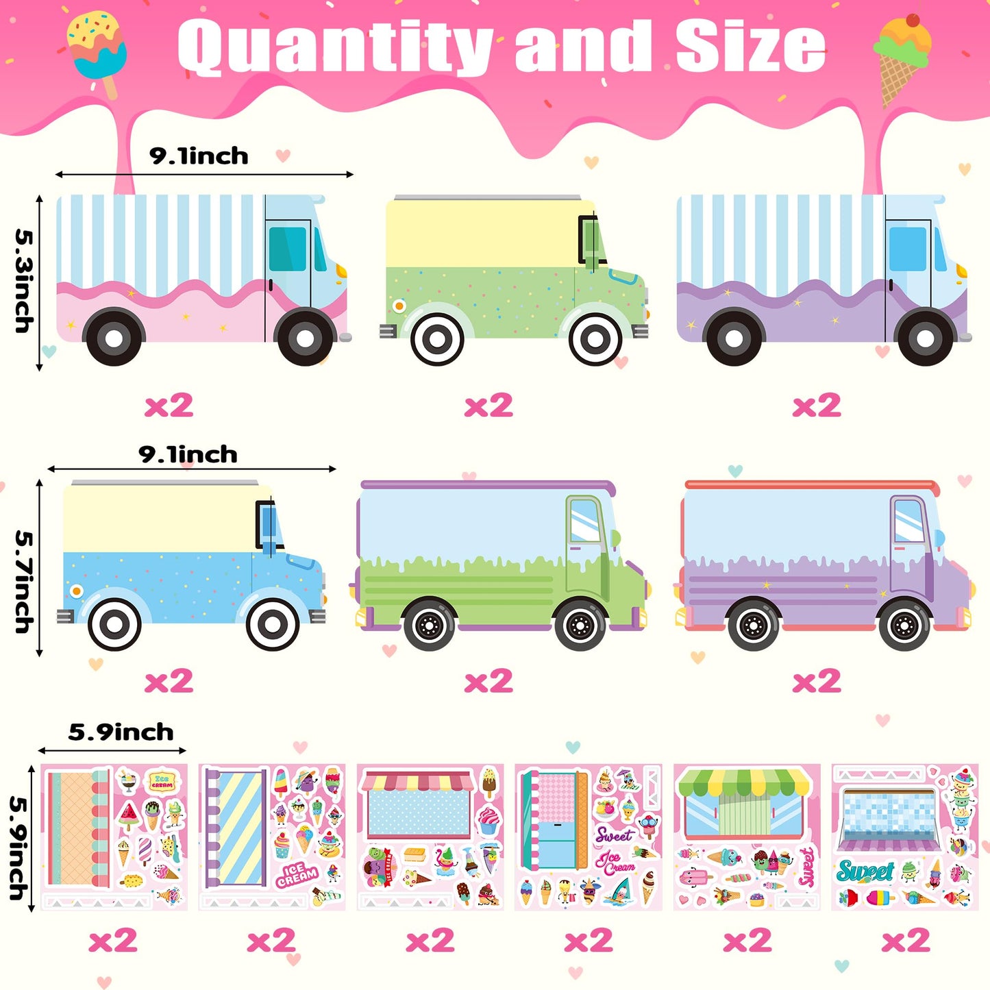 Cy2Side Ice Cream Stickers Scene - Make Your Own Ice Cream Cart Scene Sticker Art Craft Diy Dessert Truck Shop Stickers Scene With Mix Match Sweets Stickers For Kid Summer Party Games For Classroom
