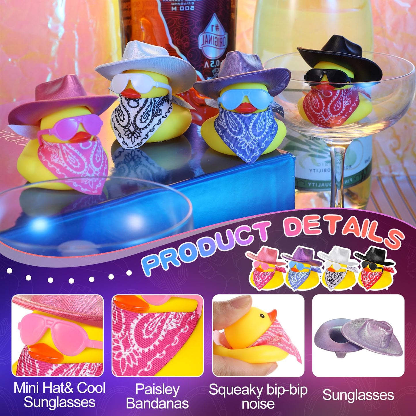 Hanaive 24 Sets Disco Cowboy Rubber Duck with Light up Mini Holographic Space Hat Scarf Sunglasses Cute Bath Rubber Duck Bathtub Accessories Toy Baby Shower Birthday Christmas Supplies (Bright Neon)