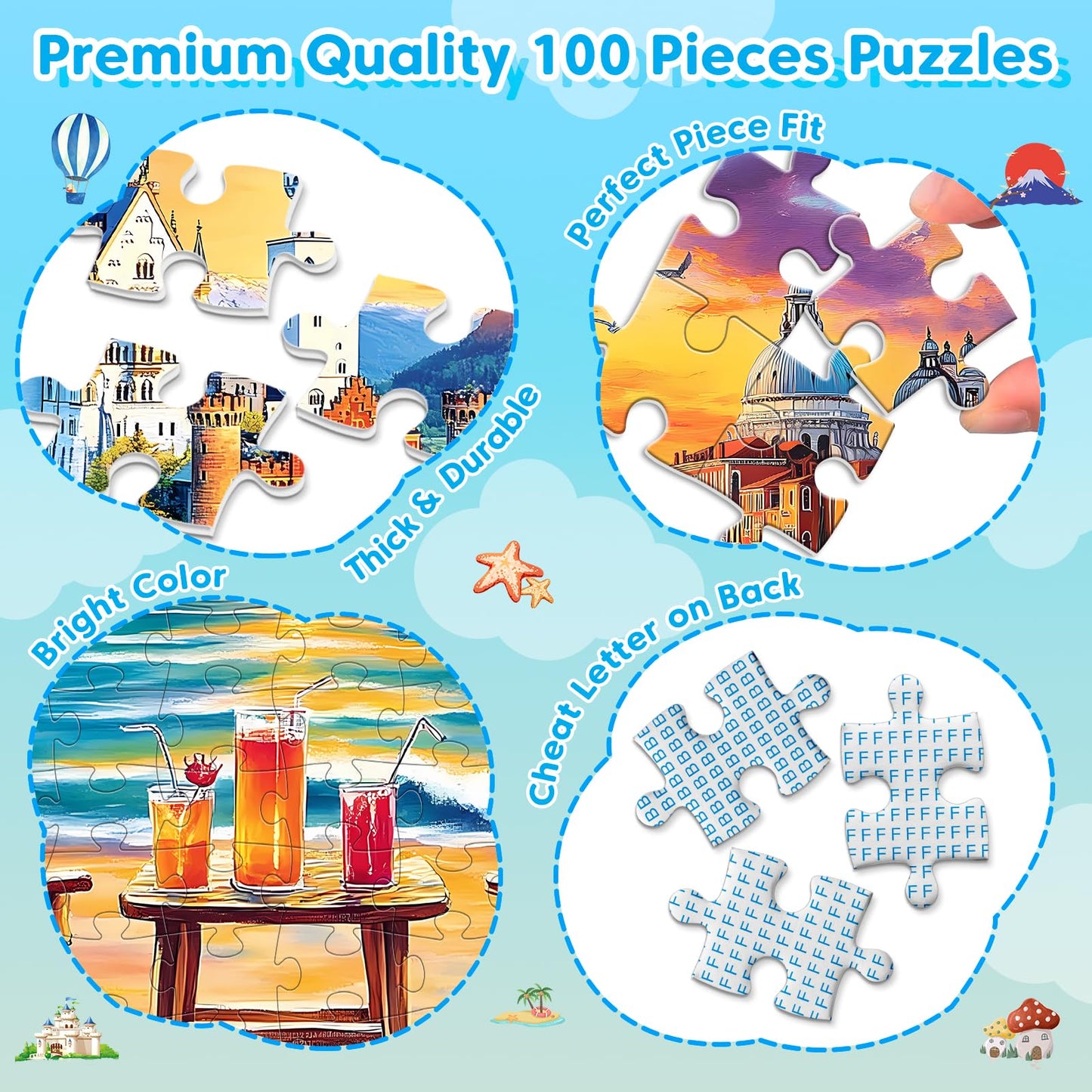 Ciavotie 100 Piece Puzzle World Famous Landscapes Jigsaw Puzzles Large Piece Puzzles for mature-themed Seniors Kids Puzzles for Kids Ages 4-6 6-8 Learning Educational Toys Gifts for Girls Boys 4 Packs