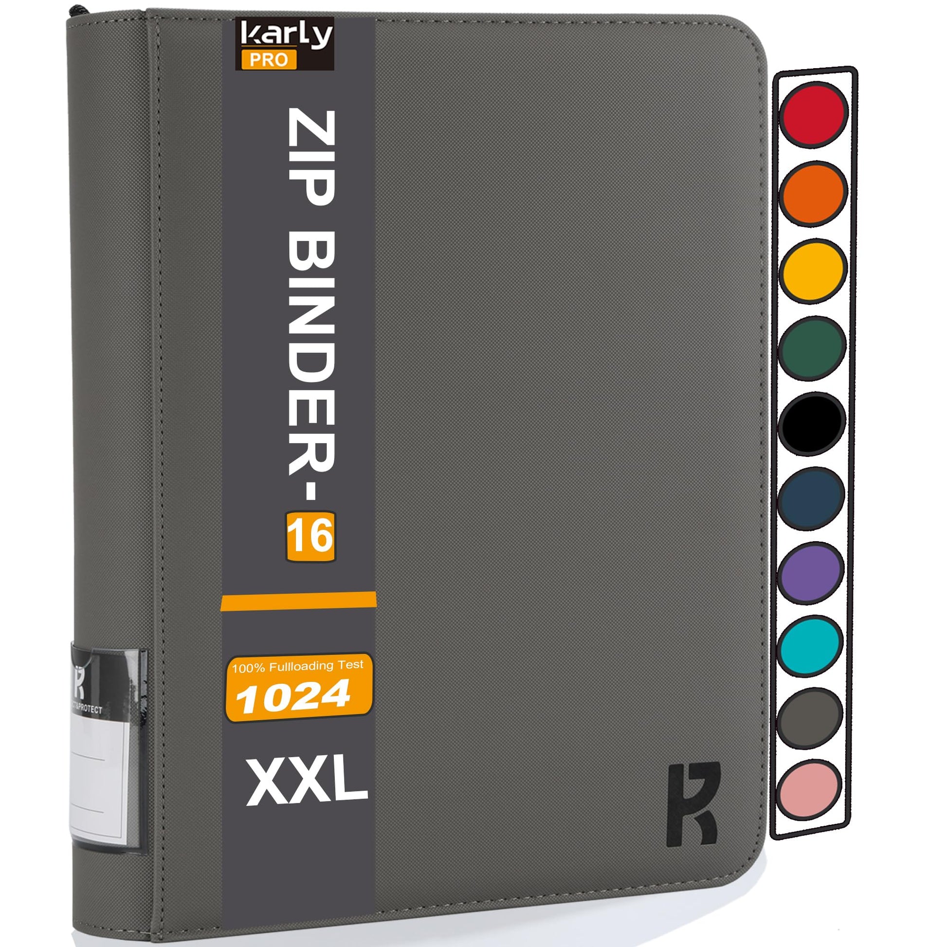 KarlyPro enhanced 1000+ Pockets Card Binder  16-Pocket Ringless Trading Card Album Folder Tag Design -Double Side Loading UltraSonic-32 1024 Tech Zip Binder for TCG-Gray