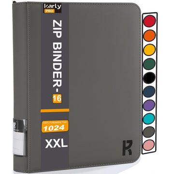 KarlyPro enhanced 1000+ Pockets Card Binder  16-Pocket Ringless Trading Card Album Folder Tag Design -Double Side Loading UltraSonic-32 1024 Tech Zip Binder for TCG-Gray