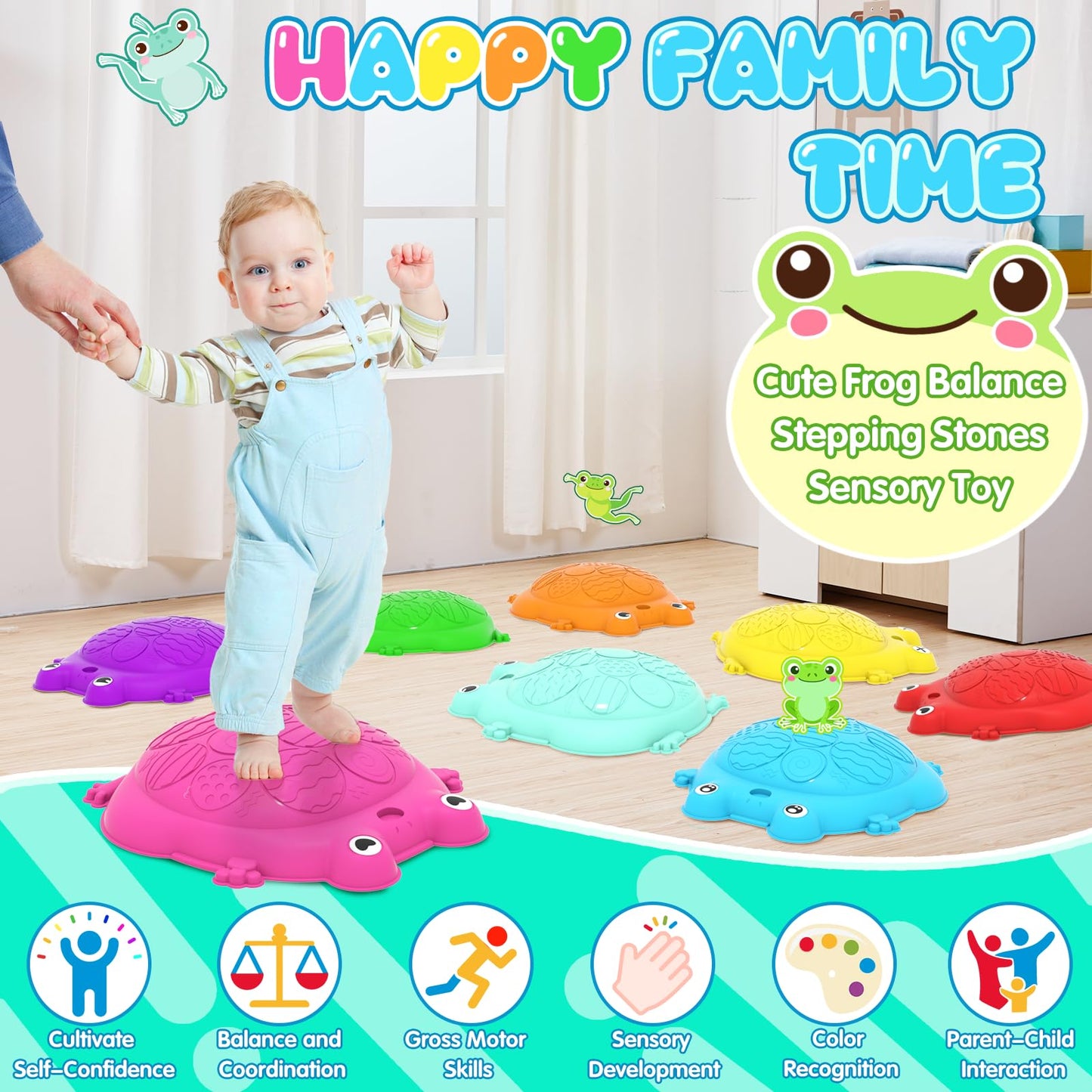 Kizjorya Stepping Stones For Kids, 8 Pcs Frog Non-Slip Balance Steps Stones Sensory Toys For Toddler Ages 3-5, Obstacle Course C