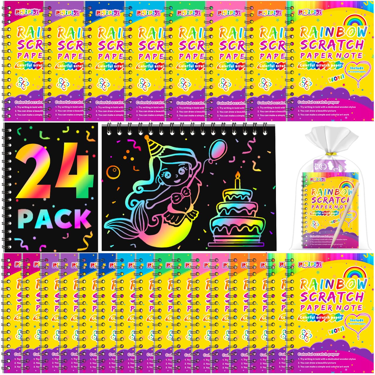 Pigipigi Party Favor Toy For Kids: 24 Pack Rainbow Art Scratch Notebook, Colorful Craft Scribble Paper Magic Black Drawing Pad Kit, Activity Gift Set For Girl Boy Children Birthday Christmas