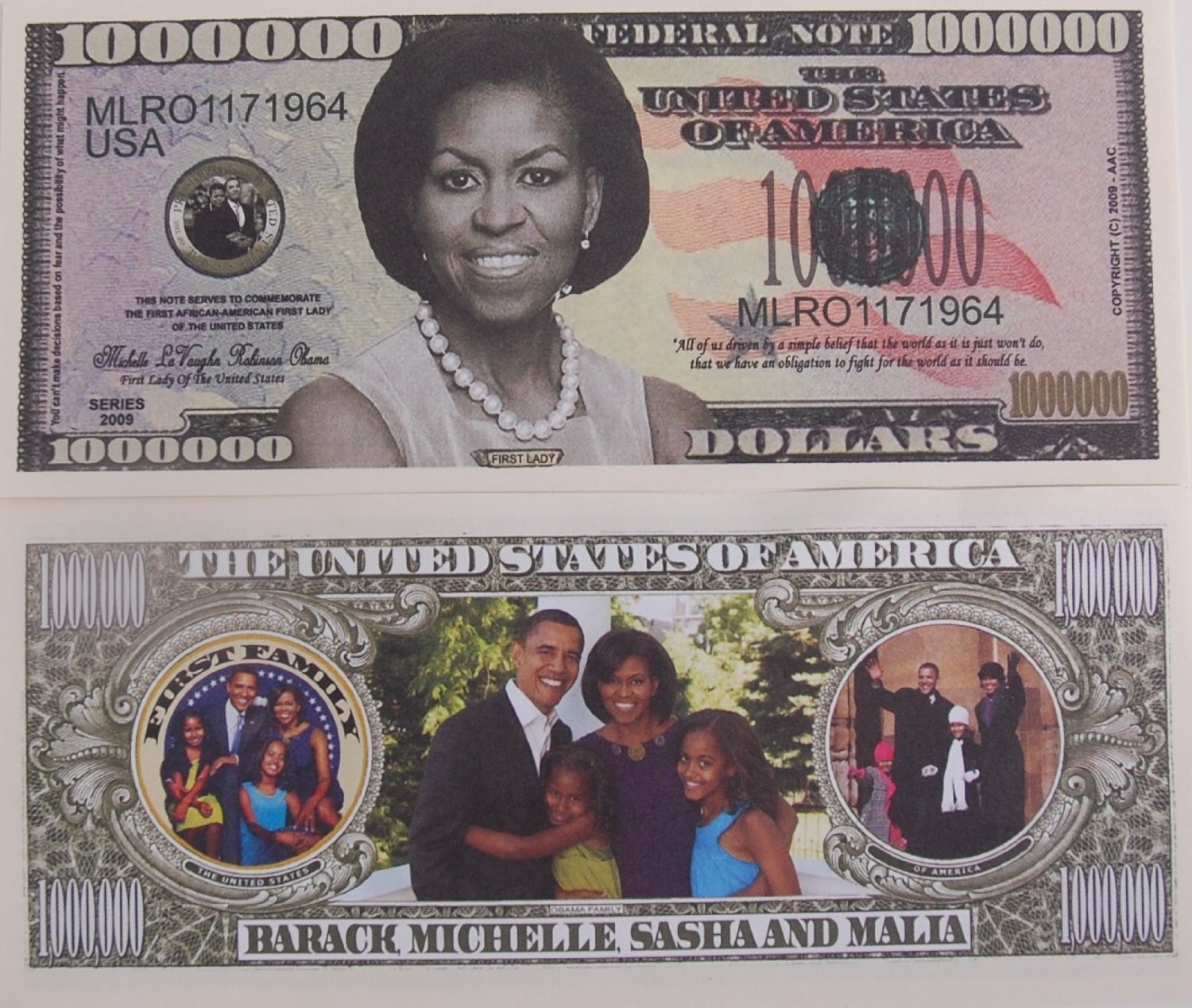 SET OF 10 BILLS-Michelle Obama Million Dollar Novelty Bills