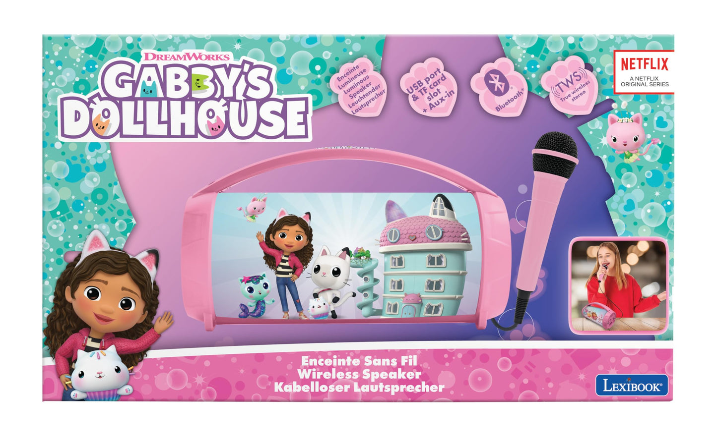 Lexibook, Gabby'S Dollhouse, Wireless Light Speaker With Mic, Stereo Audio, Karaoke Function, Usb And Sd Card Ports, Rechargeabl