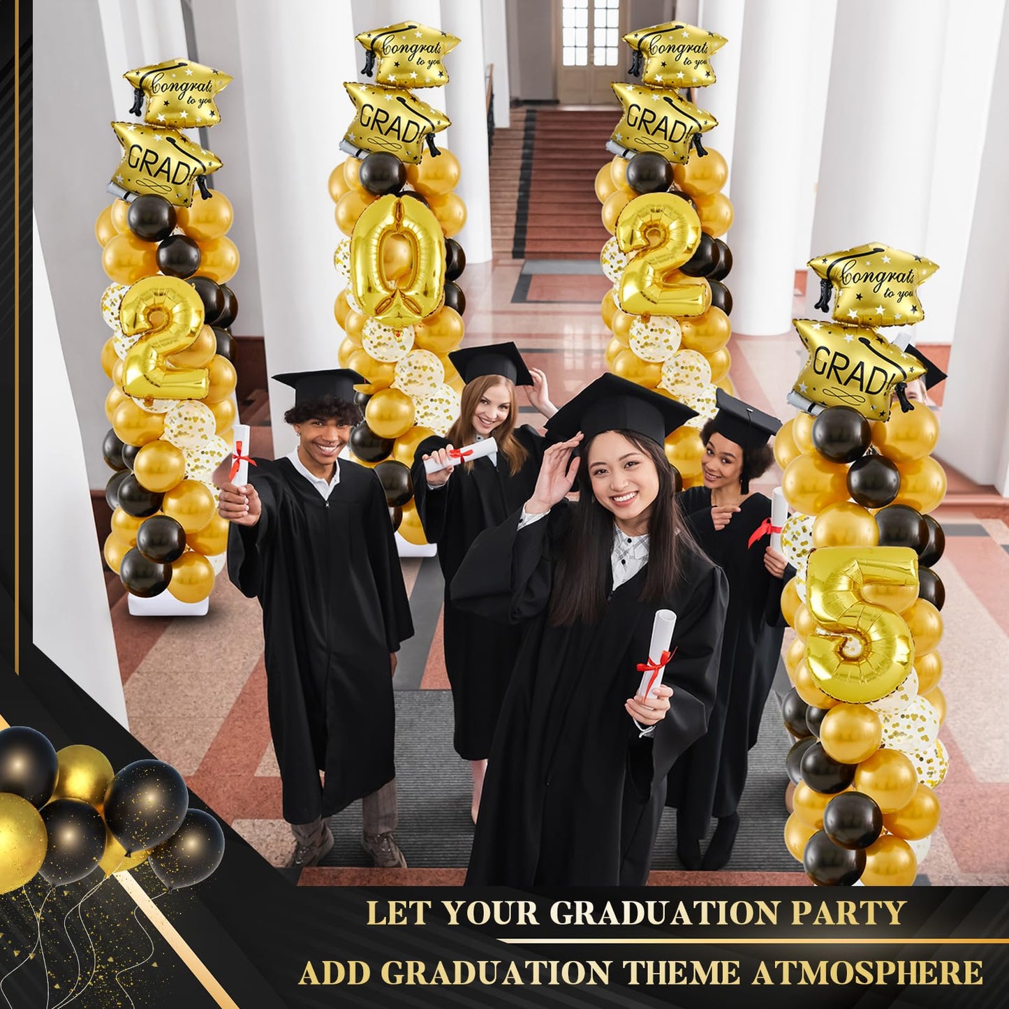 Gejoy 4 Sets Graduation Balloon Column Stand Kit with 314 Pcs Black Gold Latex Balloons 2025 Letters 6.5 ft Adjustable Metal Tub