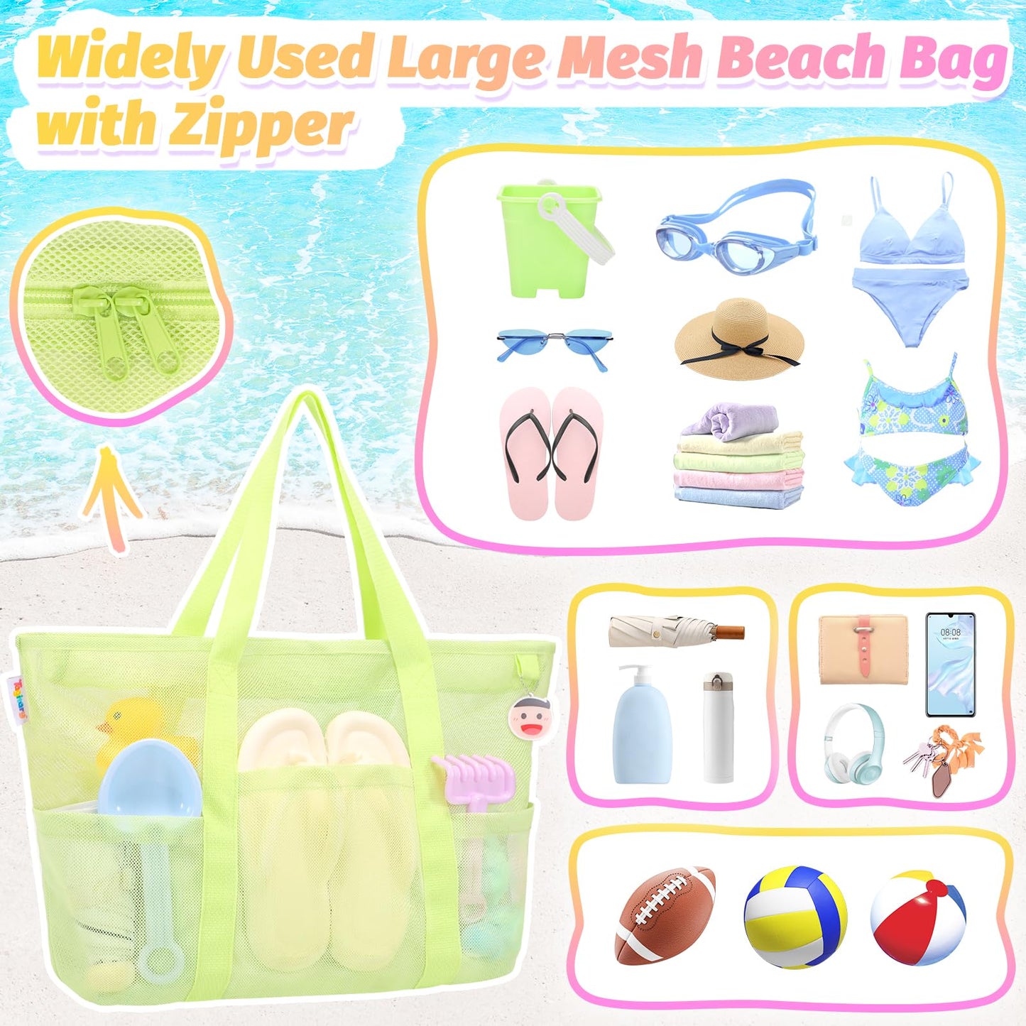 Tagitary Beach Toys Mesh Beach Bag with Zipper, Green Large Beach Tote Waterproof Sandproof with 8 Pockets for Storage Swim Pool