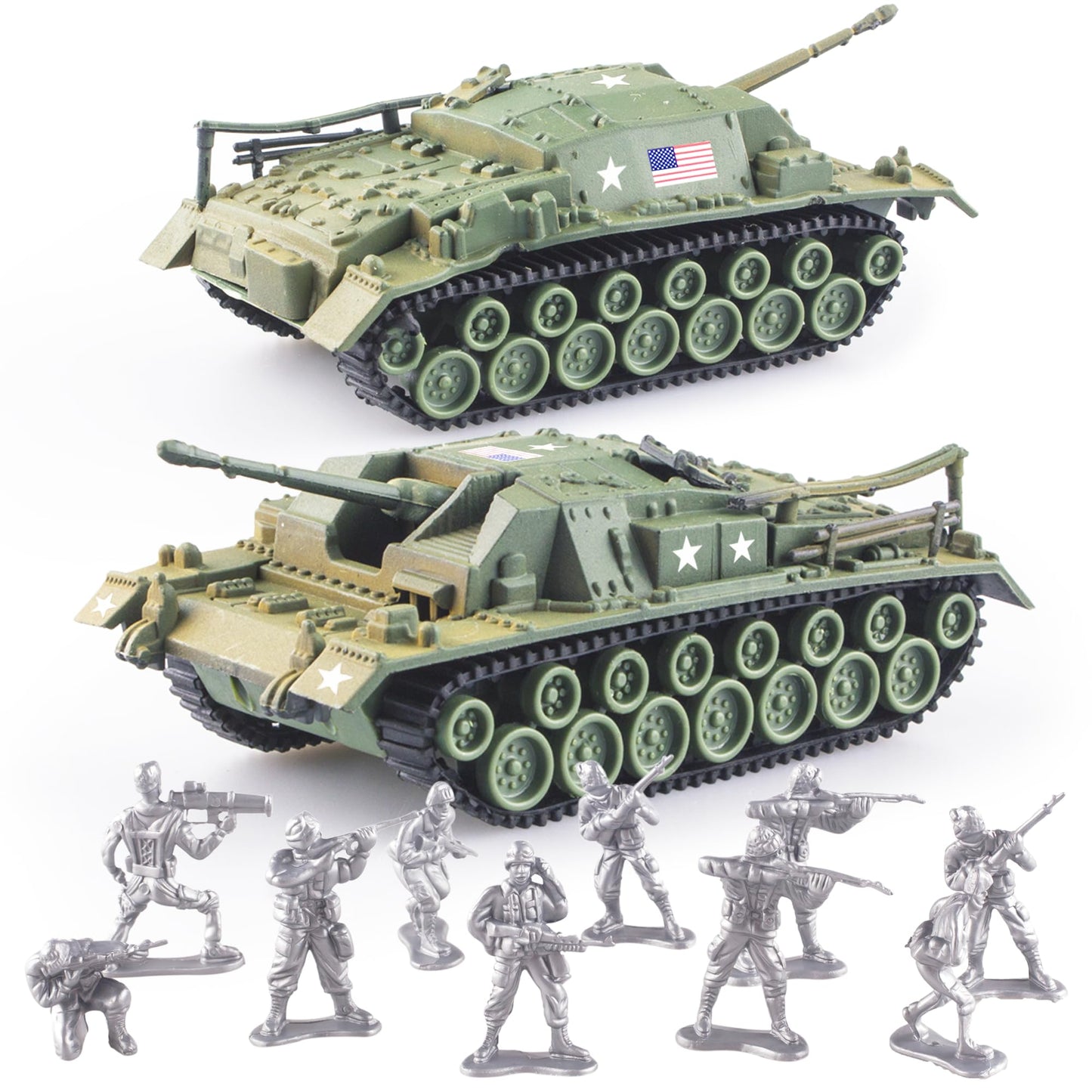 Maozyhomie U.S Toy Tank And Army Men Toys Playset, 2Pc Tank-5 Models And 10Pc Toy Soldiers, Olive Drab Green 1:72 Military Vehic
