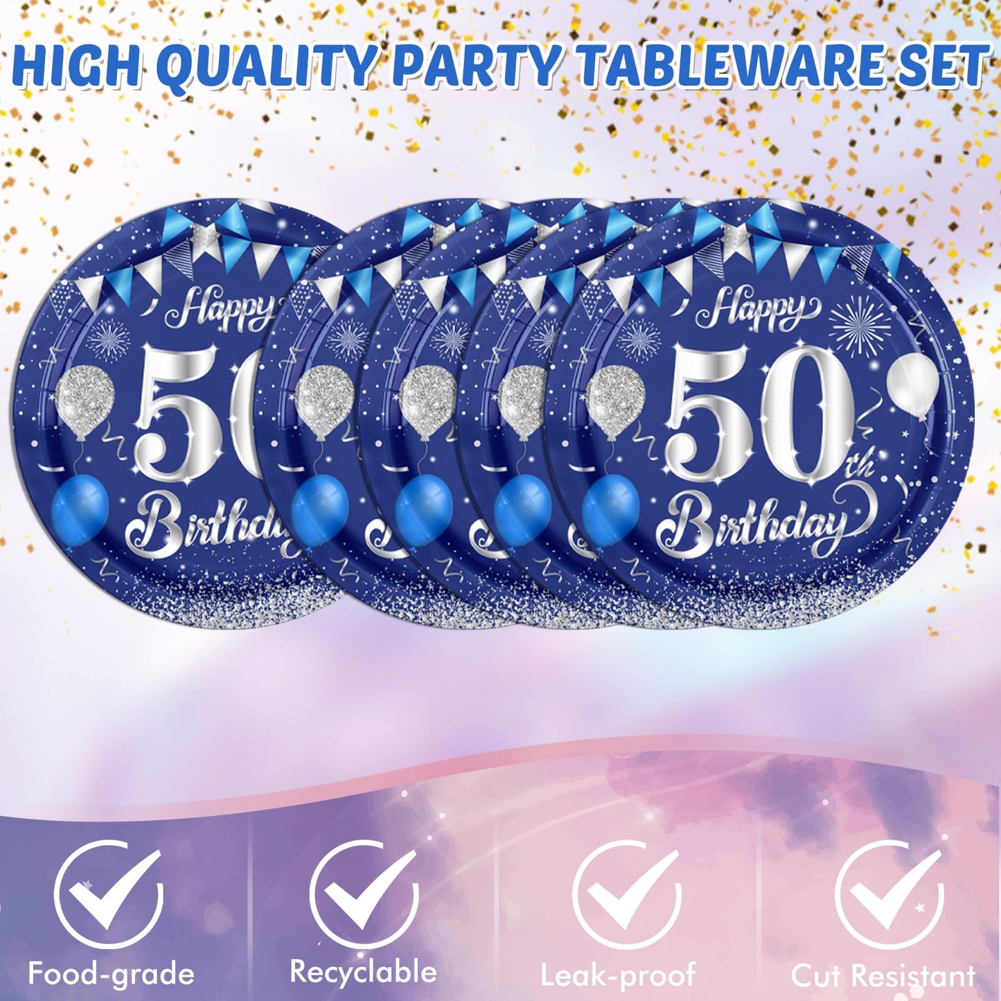 Navy Blue And Silver 50Th Birthday Paper Tableware Happy Birthday Party Plates Napkins And Plastic Table Covers For Men Women 50
