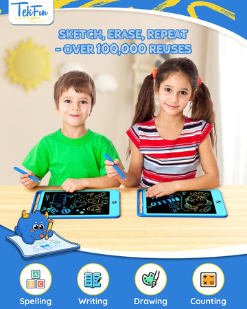 Tekfun 2 Pack Lcd Writing Tablet For Kids, 10 Inch Blue+Blue Doodle Board Drawing Board Reusable Drawing Tablet With Lanyard, Ed