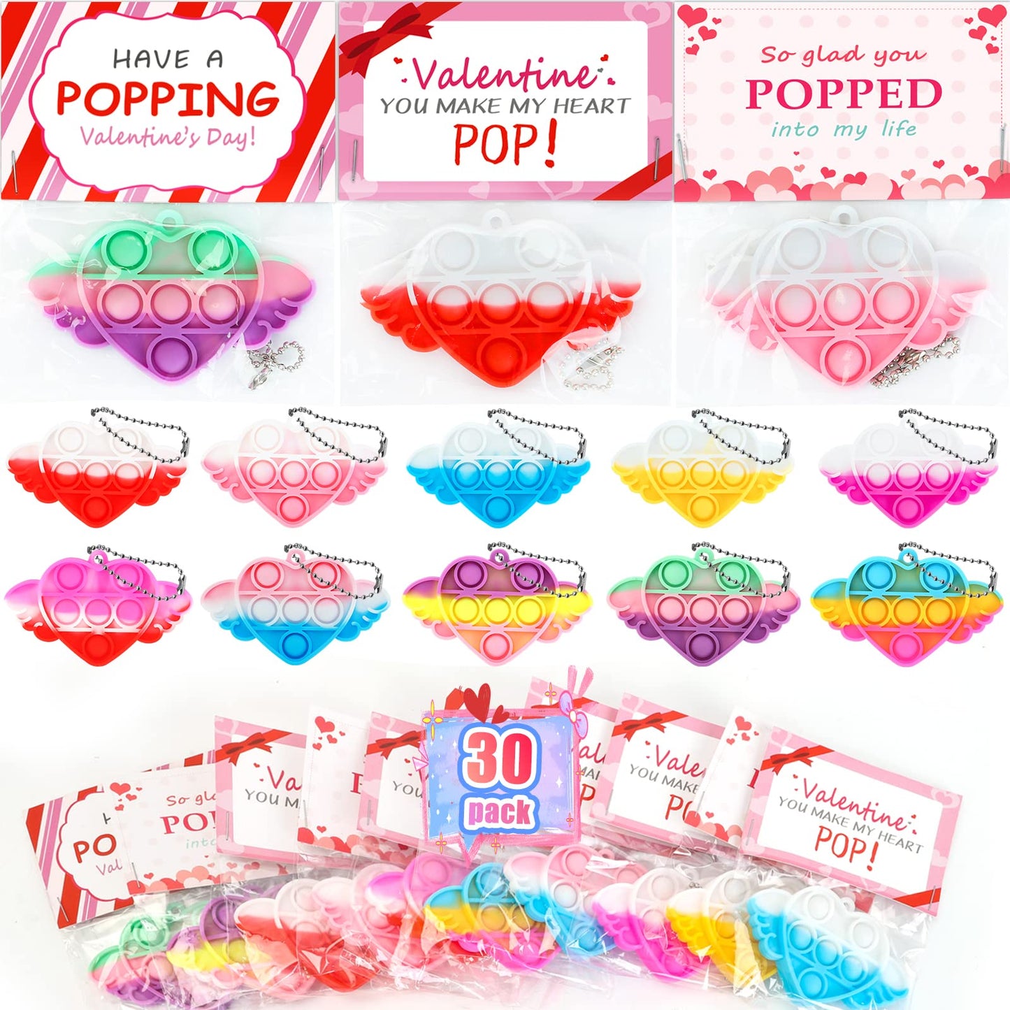 Valentines Day Gifts For Kids, 30 Pack Valentines Day Cards For Kids With Mini Heart Pop Fidget Toys For Boys Girls, Valentines