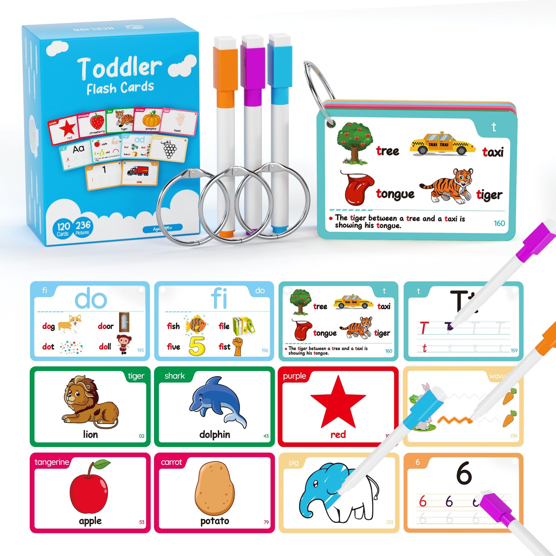 120 Pcs, 236 Pictures Alphabet Flash Cards For Toddlers 2-8 Years, Toddler Flash Cards, Phonics Words Flash Cards, With Animals, Fruits, Vegetables, Numbers, Phonics, Alphabet, Drawing, Writing