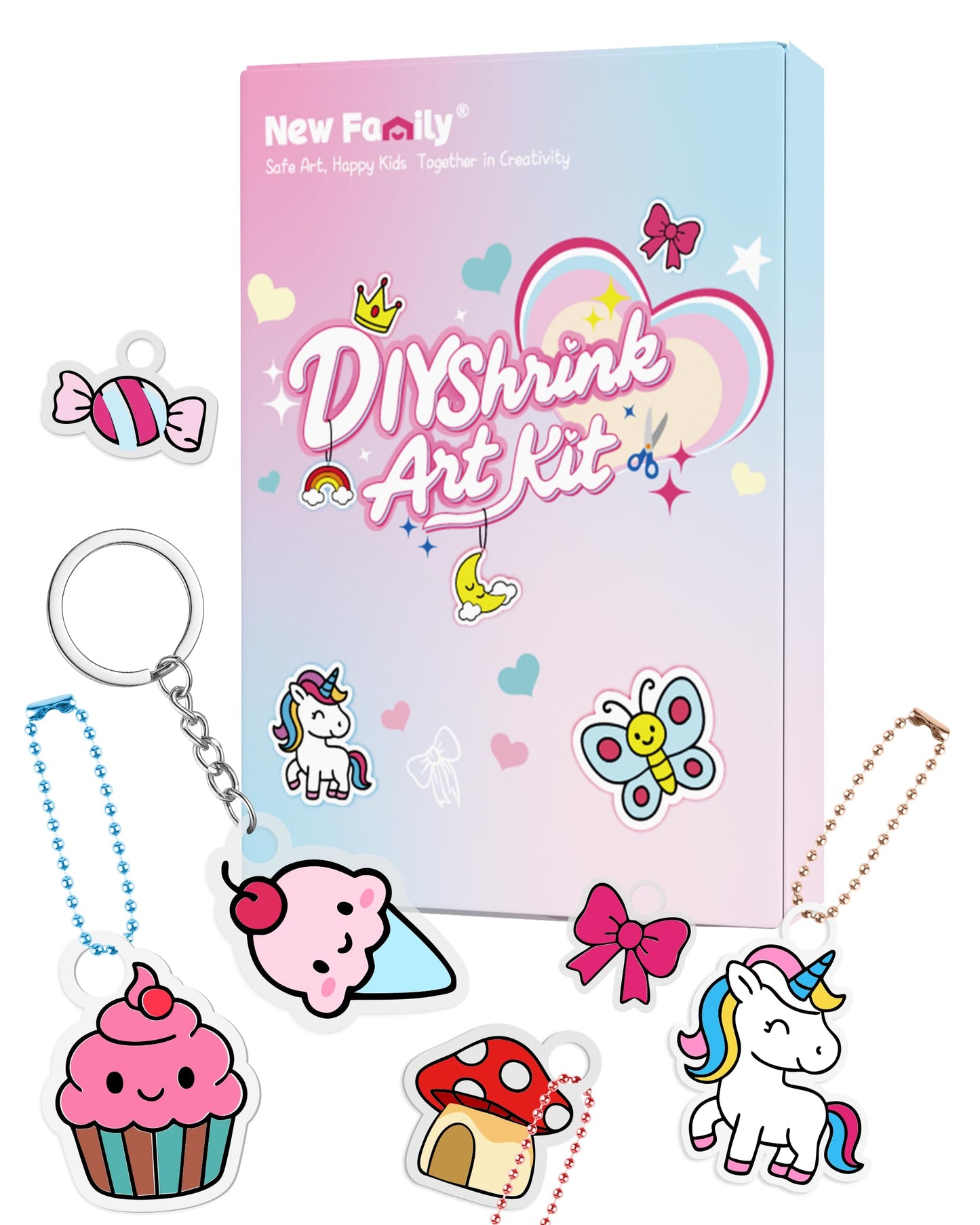 NewFamily Shrink Art Kit for Kids - 49 Pcs Unicorn & Magical & Pre-Cut Shaped Shrinky Dinks- Jewelry Making DIY Necklace Bracele