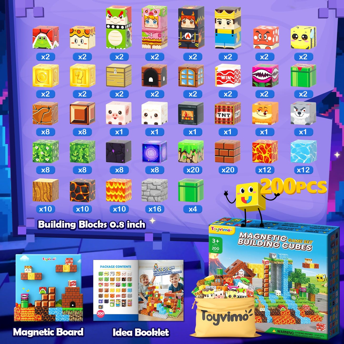 200PCS Magnetic Blocks Toys for Kids Ages 3-5 6-8 8-12 with Magnetic Board Sensory Kids Toys Stacking Blocks  Build Mine Magnet World-3 4 5 6 7 8 9 10 Year Old Boy Girls Birthday Gifts