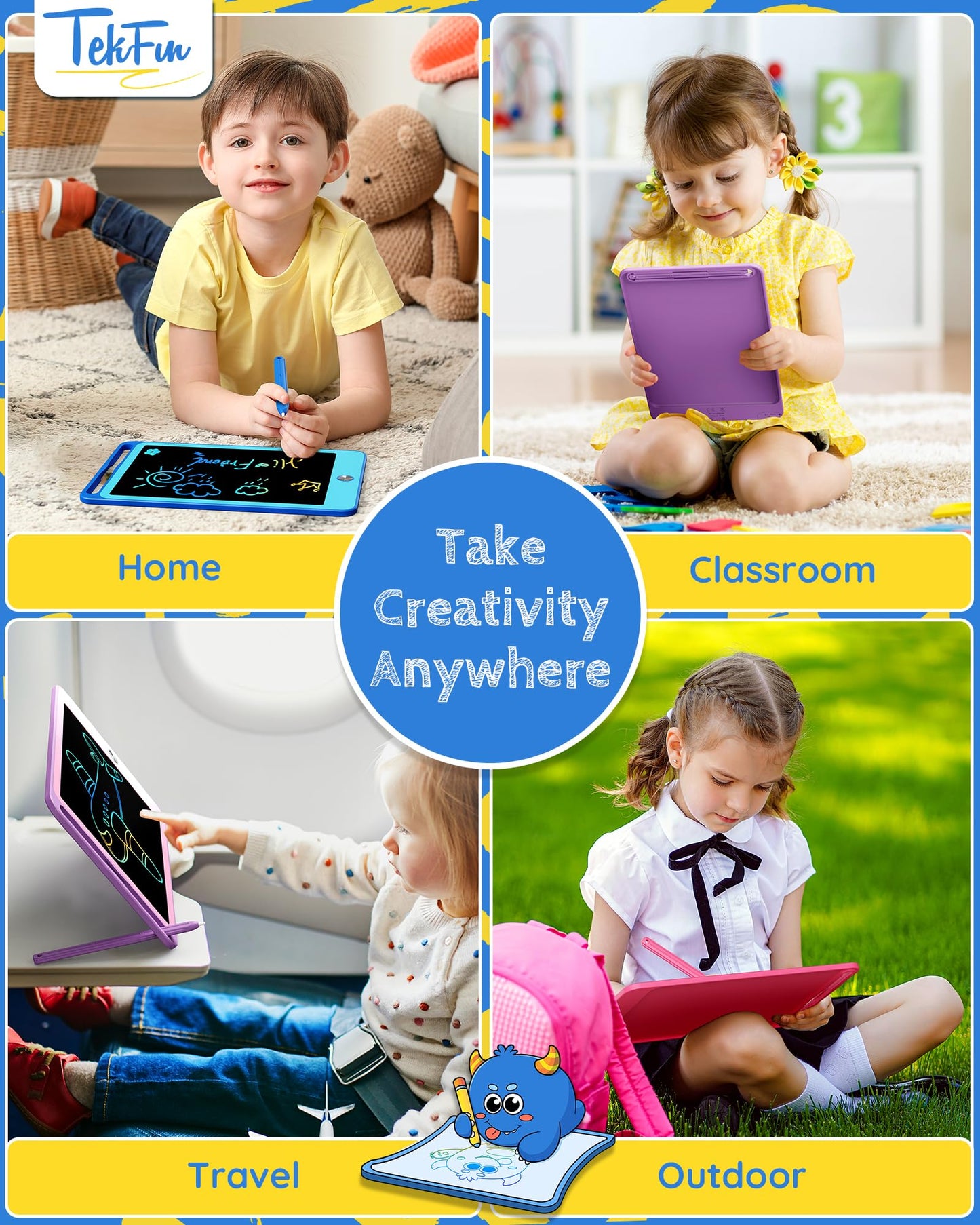 Tekfun 3 Pack Lcd Writing Tablet For Kids, 8.5 Inch Blue+Pink+Purple Doodle Board Drawing Board Reusable Drawing Tablet With Lan