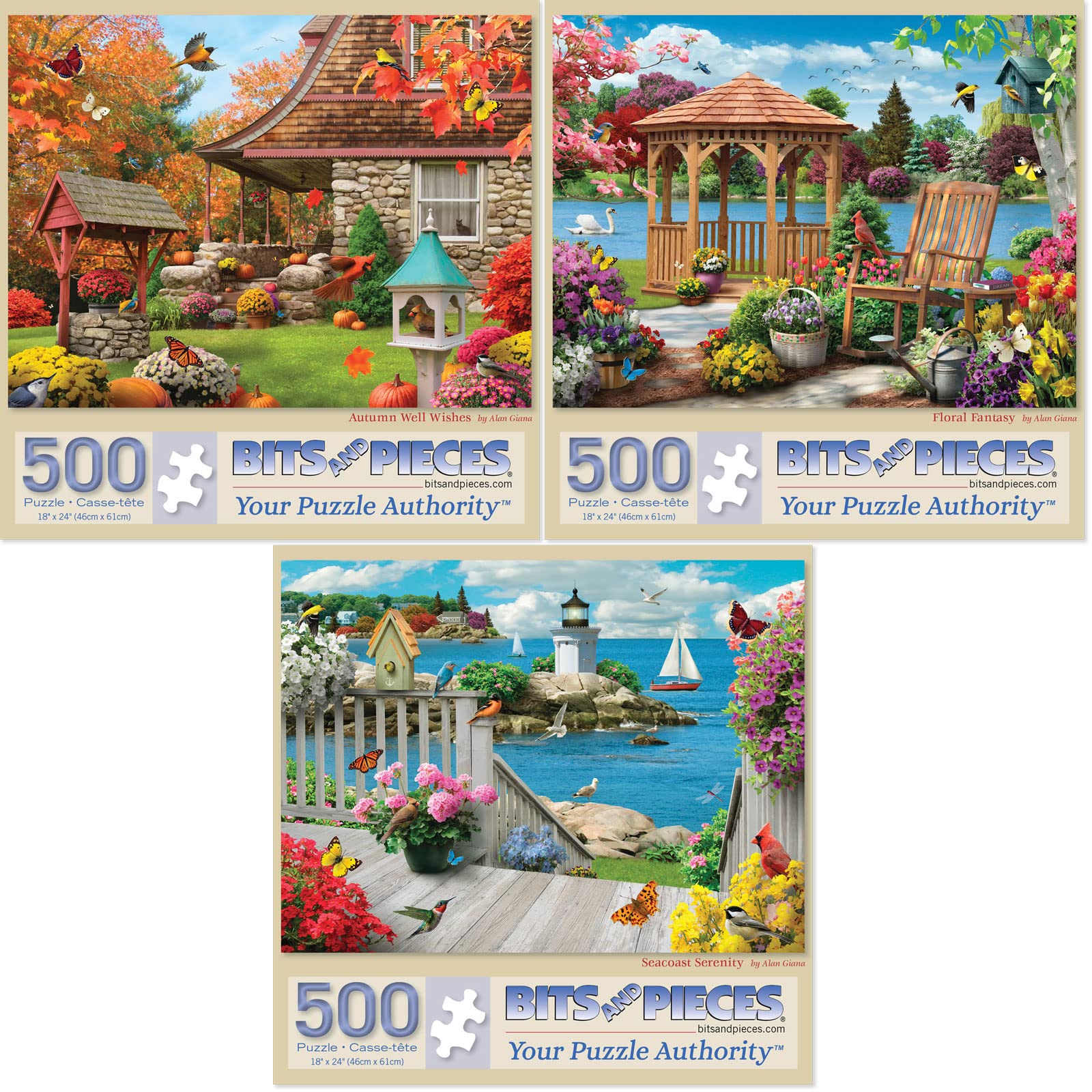 Bits And Pieces - Value Set Of Three 500 Piece Jigsaw Puzzles For Adults - Autumn Well Wishes, Seacost Serenity, Floral Fantasy