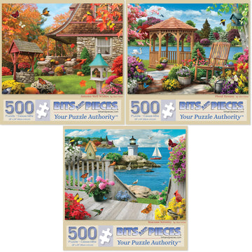 Bits And Pieces - Value Set Of Three 500 Piece Jigsaw Puzzles For Adults - Autumn Well Wishes, Seacost Serenity, Floral Fantasy
