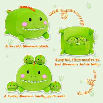 YIIQUWEN Dinosaur Plush, Stuffed Animal Set with 4 Baby Dinos, Soft Stuffed Toy Pillow, Cute Birthday Gift for Kids Boys Girls (