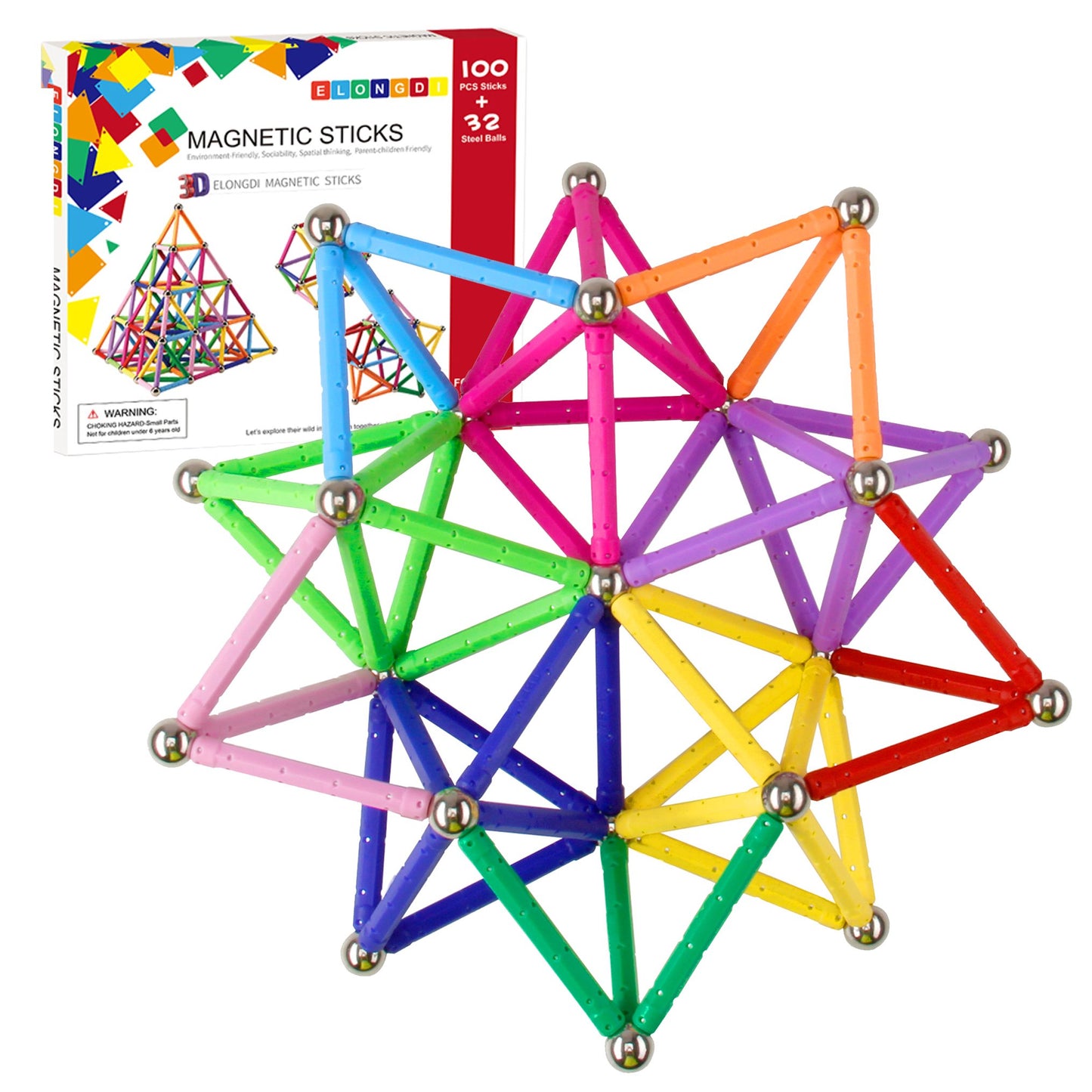 ELONGDI Magnetic Building Blocks Set, 132 Pieces, Non-Toxic 3D Puzzle Toys, Multicolor, Model E-144 for Kids & Adults