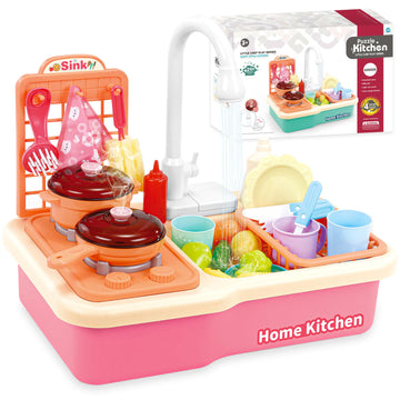 Play Kitchen With Running Water For Toddlers, Toy Kitchen Playset With Electric Faucet For Boys And Girls, Kids Pretend Play Sin