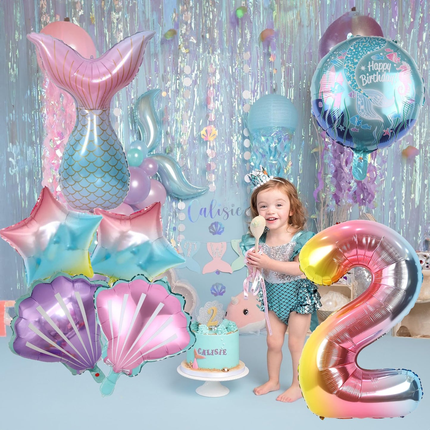 Mermaid Balloons 2Nd Birthday Decorations, 8Pcs Mermaid Party Decorations Balloons, 40 Inch Rainbow Number 2 Balloon, Large Helium Foil Mermaid Tail Balloon, Seashell Balloons For Girls' 2Nd Birthday