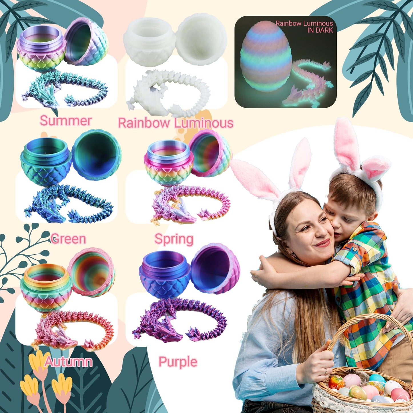 6PCS 3D Printed Dragon Eggs with Dragon Inside, Easter Basket Stuffers Mini Mystery Crystal Egg Fidget Toy, Surprise 3D Printed