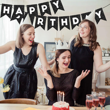 Hooqict Black Happy Birthday Banner Sign For Backdrop Black Birthday Decorations For Men Women Kids Party Supplies Wall Door Banner Garland Bunting Flag