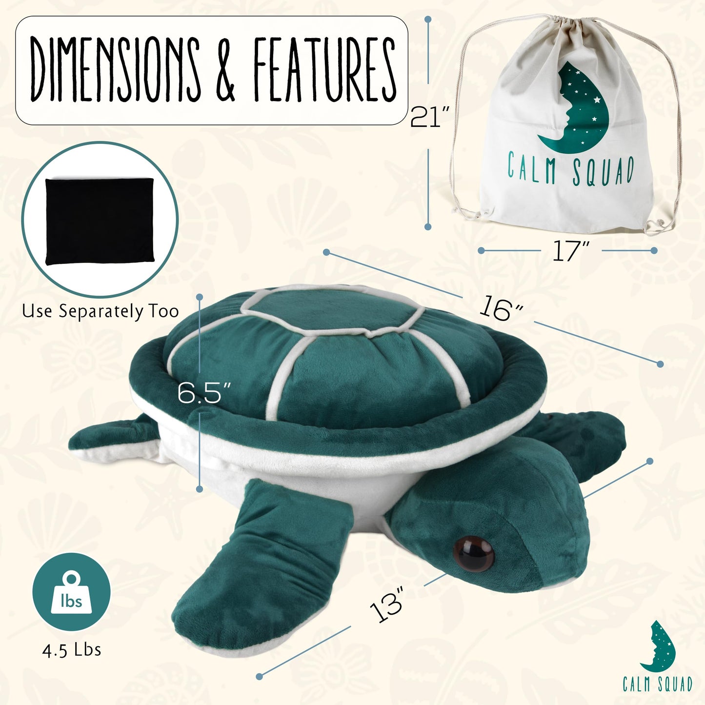 Calm Squad 4.5 Lbs Lou The Turtle Weighted Stuffed Animal - Warm Weighted Plush Animals - Huggable Comfort Turtle Stuffed Animal