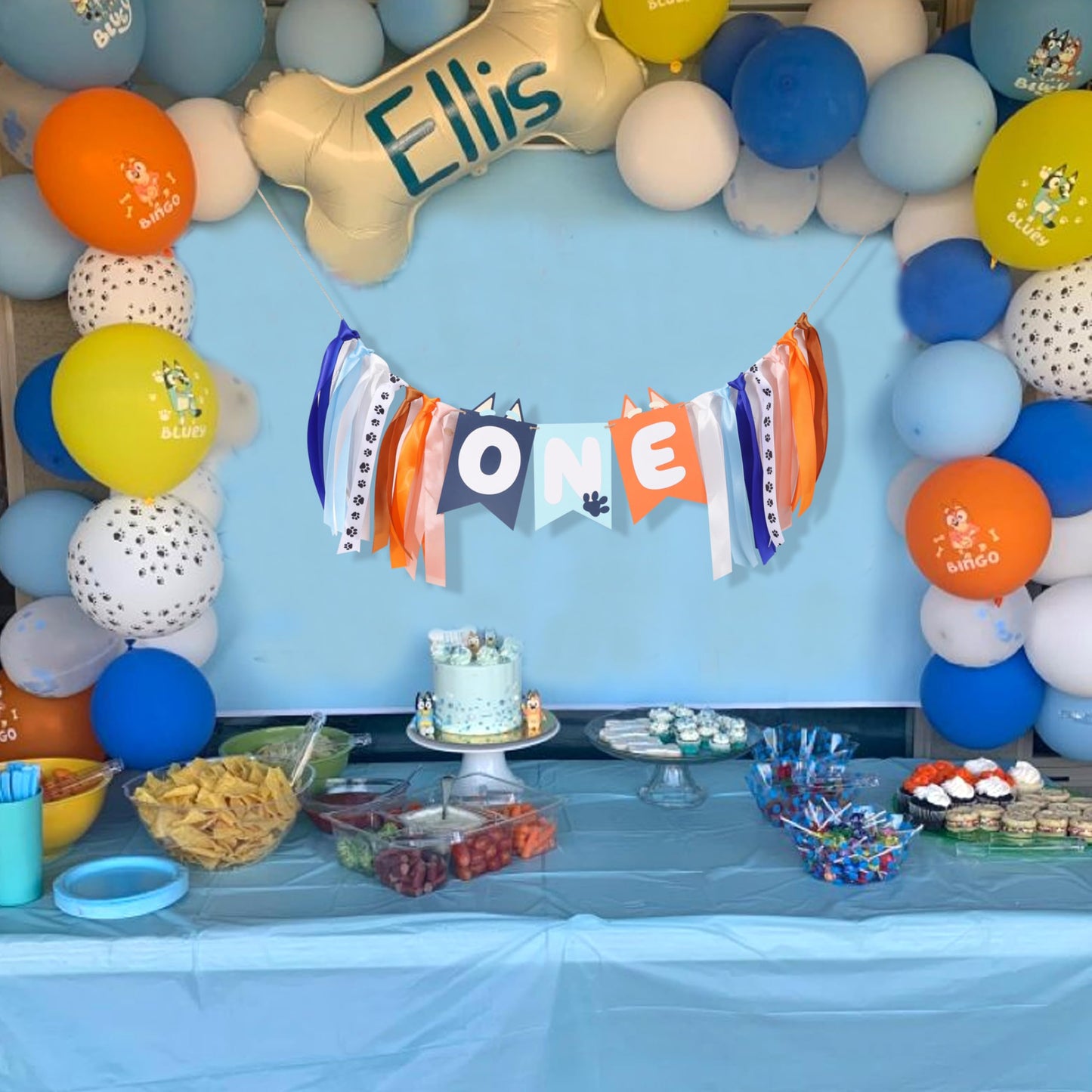 Light Blue Navy Brown Orange 1st Birthday High Chair Banner - First Birthday Party Decoration, Little Puppy Highchair Banner Ins