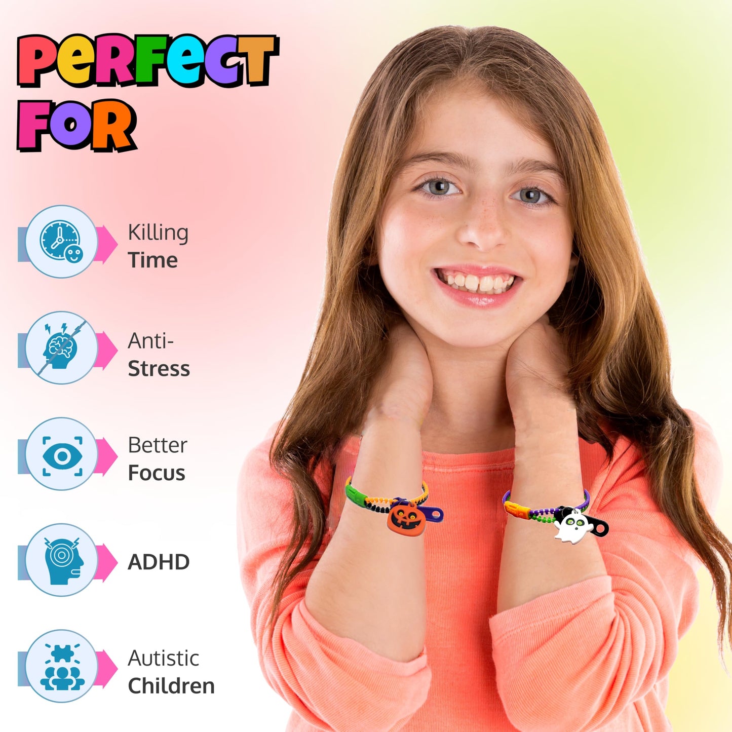 UpBrands 96 Pack Halloween Zipper Bracelets: Non-Candy Treats, Fidget Toys for Stress Relief, Ideal Party Favors & Gifts for Kid