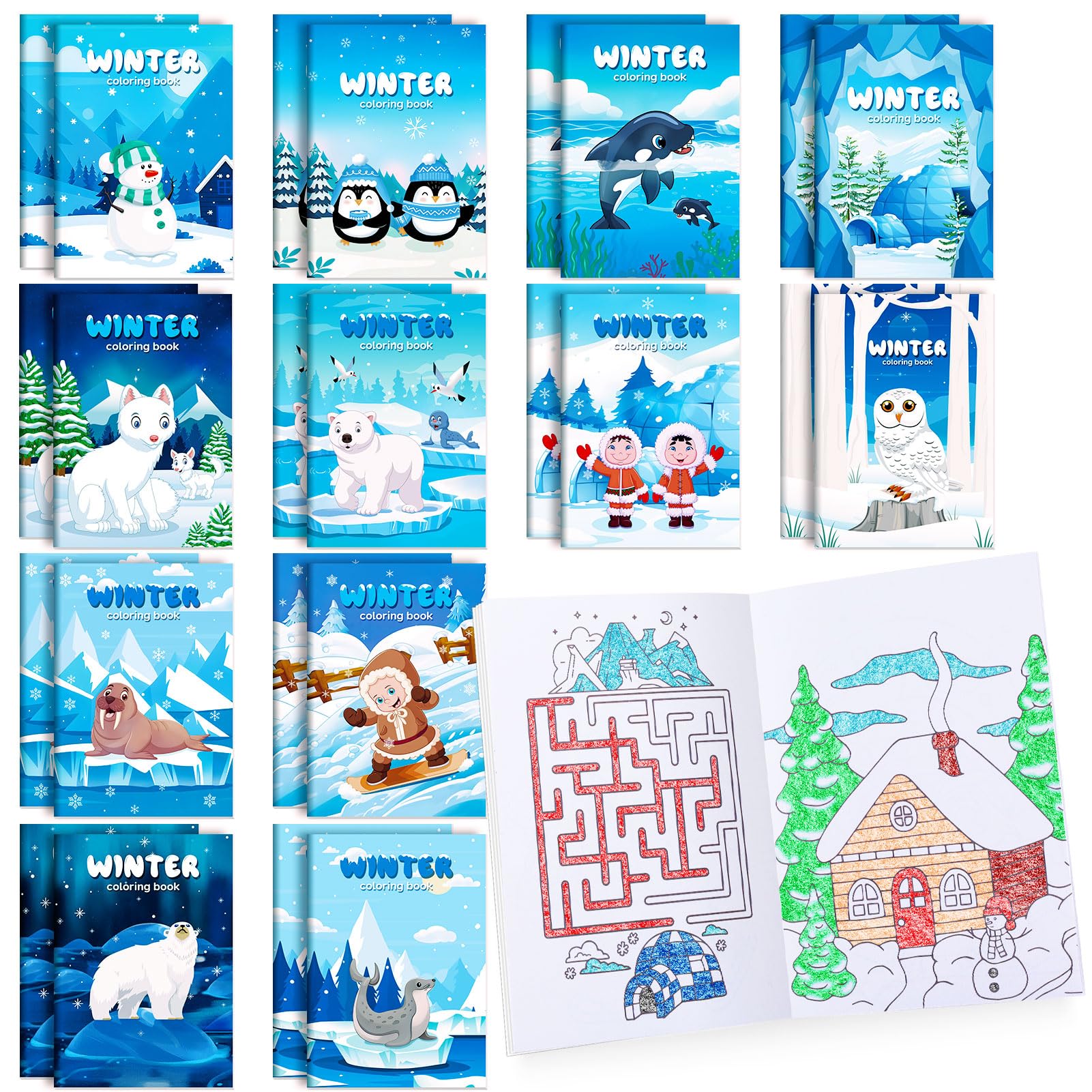BenLouis 24 Pcs Winter Mini Coloring Books Kids Polar Animals Penguin Party Favors Small Activity Books Bulk for Kids Winter Hol