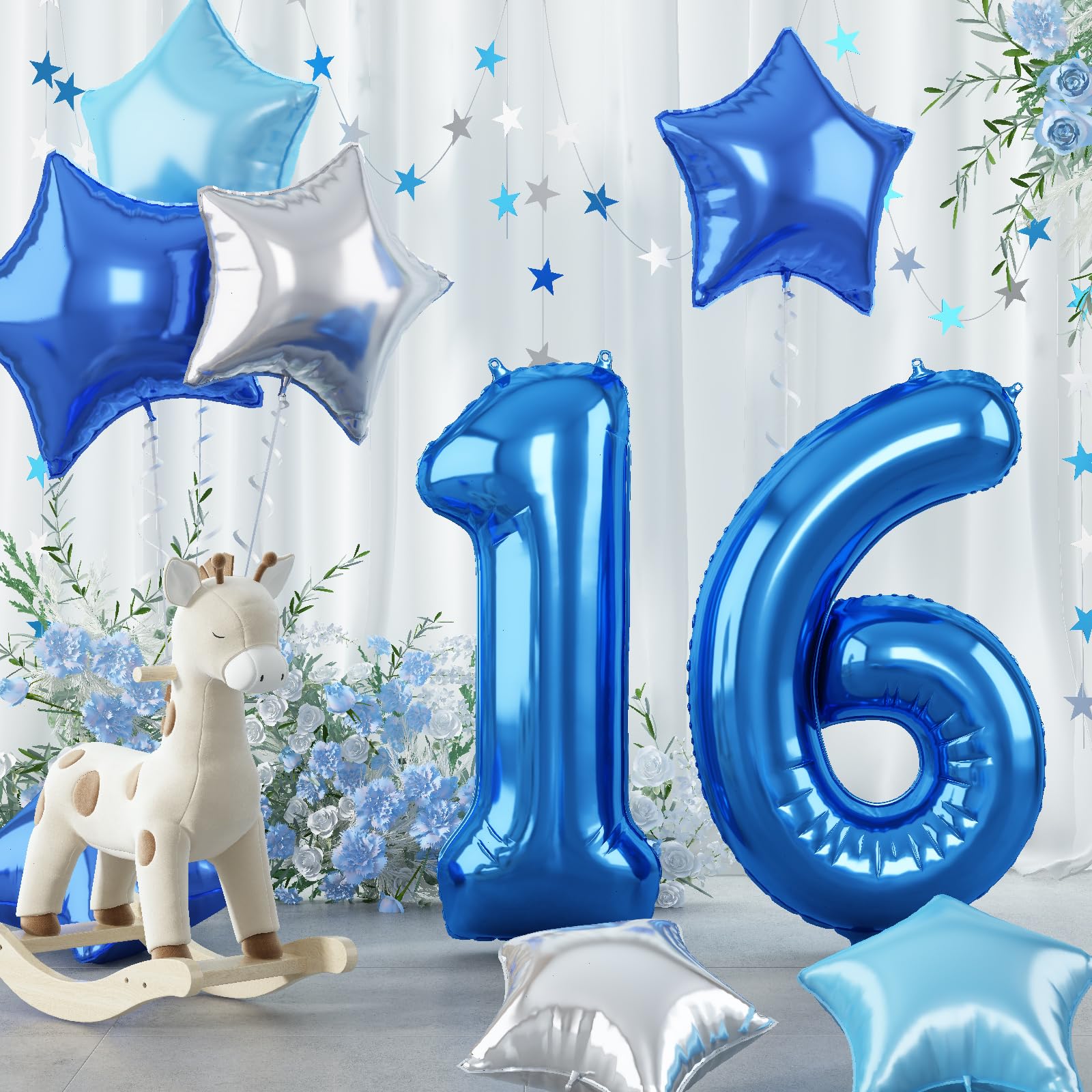 16Th Birthday Balloon For Boys, 40 Inch Royal Dark Navy Blue Number 16 Mylar Balloon, Silver Sky Light Blue Self Inflating Star