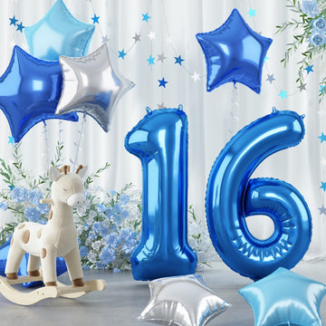 16Th Birthday Balloon For Boys, 40 Inch Royal Dark Navy Blue Number 16 Mylar Balloon, Silver Sky Light Blue Self Inflating Star