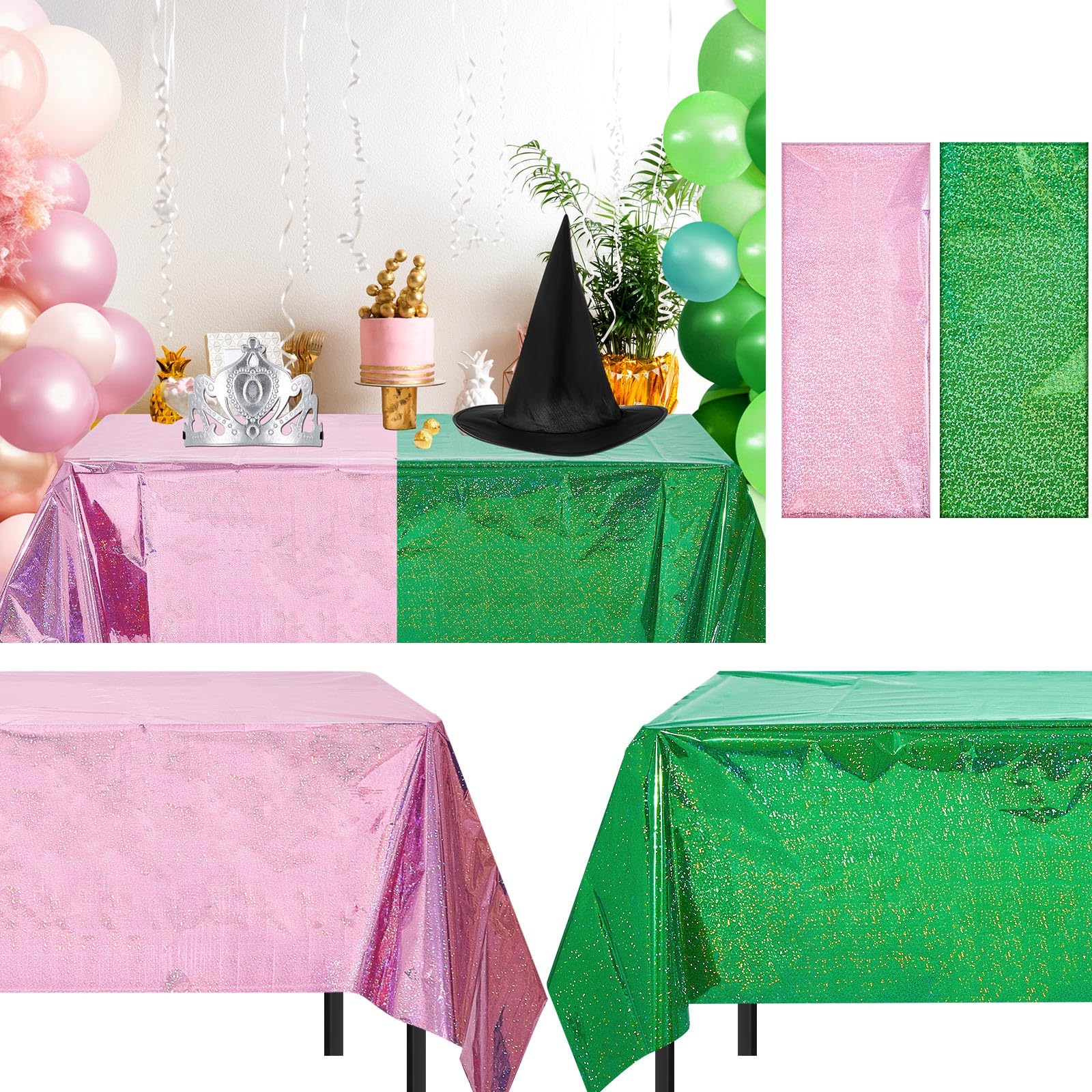 LOYIM 4 Pcs Holographic Tablecloth for Party Pink and Green 54  x 108  Iridescent Metallic Plastic Glitter Laser Table Covers Wi