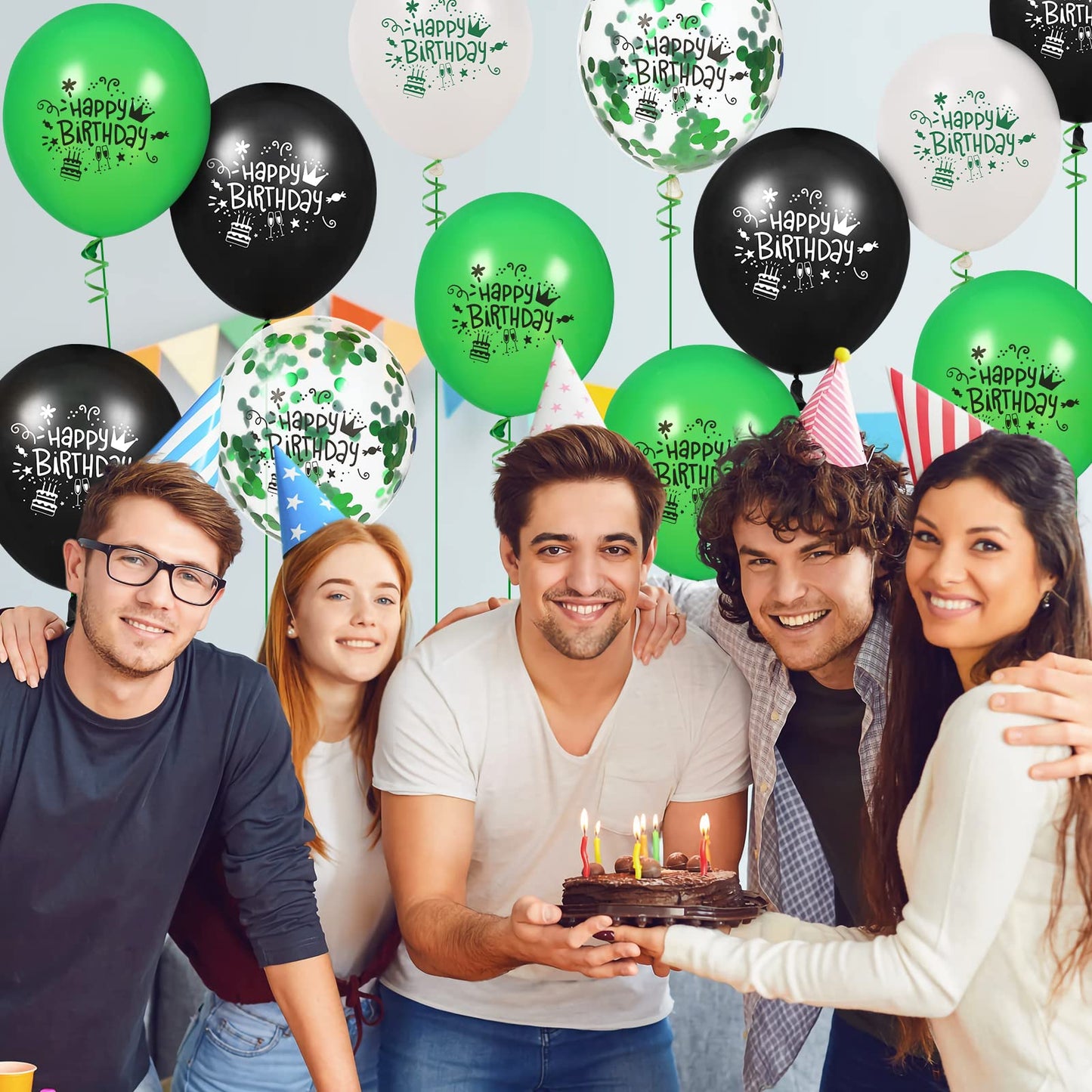 16 Pcs Green Black Confetti Latex Decoration Balloons, 12 Inch Green White Black Happy Birthday Party Balloons For Green Black Jungle Safari Themed Birthday Soccer Football Graduation Party Supplies