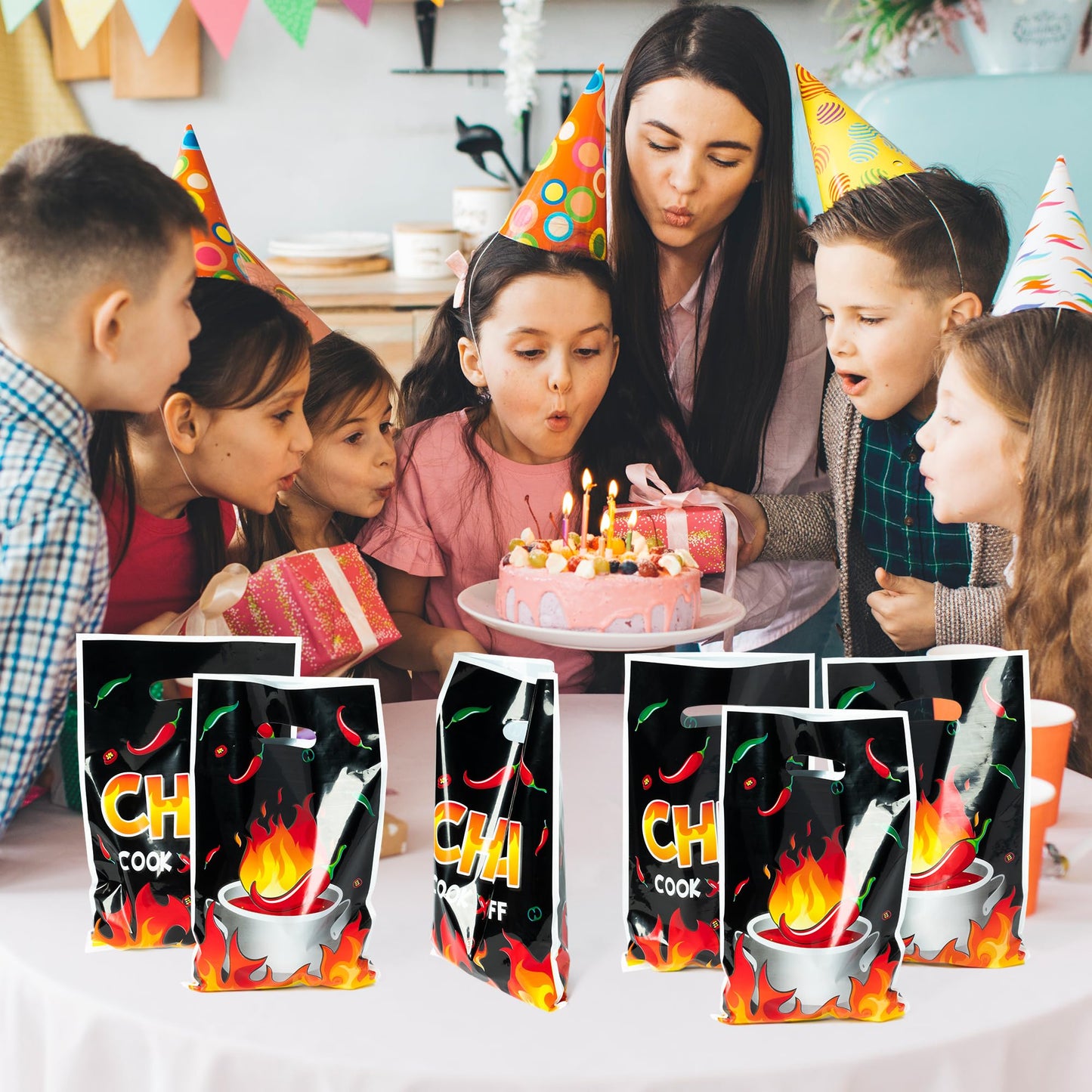 3Sscha 50Pcs Chili Fire Party Favor Bag Red Hot Pepper Flame Plastic Waterproof Goodie Bag Cook Off Contest Decoration Rectangular Gift Bags For Kids Picnic Home Theme Party Favor Supplies