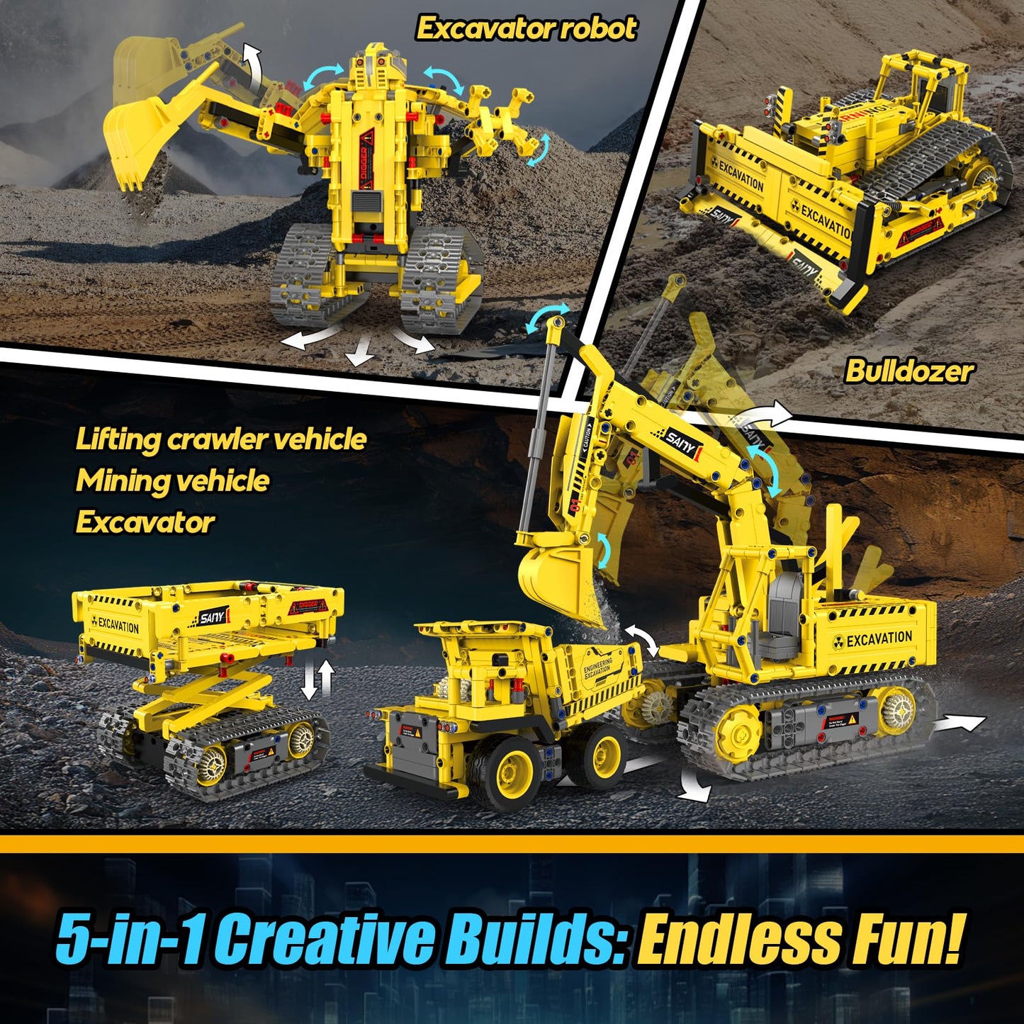 Hbuds Robot Building Kits, 5-In-1 Stem Toys For Boys Age 8-14, App & Remote Control Excavator Kids Construction Toys, Programmable Erector Sets, Educational Robotic Kit Gifts For Girls Boys (555 Pcs)