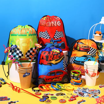 Sadnyy 140 Pcs Race Car Party Favors Birthday Party Decorations Supplies Drawstring Bags with Silicone Bracelets Keychains Straw