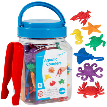Edxeducation-13151 Aquatic Counters - Mini Jar Set Of 42 - Learn Counting, Colors, Sorting And Sequencing - Math Manipulative For Kids