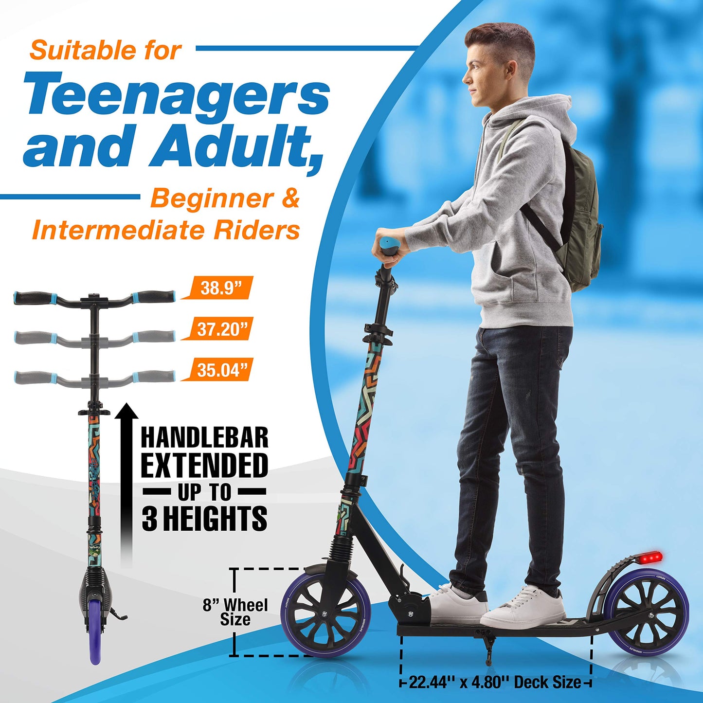 SereneLife Kick Scooter mature-themed Teenagers Kids- 2 Wheel Kids Scooter with Adjustable T-Bar Handlebar - Alloy Anti-Slip Deck - Portable Folding Scooters for Kids with Carrying Strap - Graffiti