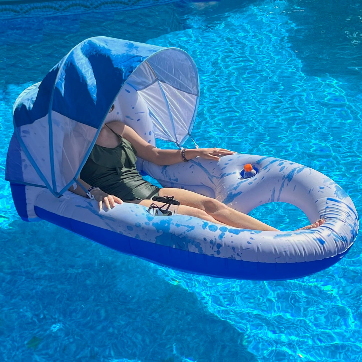 Pool Floats Adult With Canopy Upf50+, Extra Large Pool Floats Adult Heavy Duty, Swimming Pool Float With Shade Cover, Cup Holder